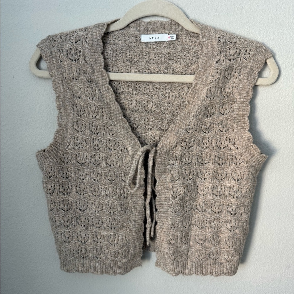 Lush Sweetheart Neck Taupe Knit Cardigan Vest